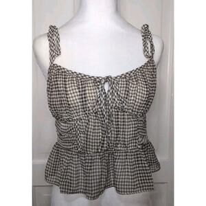 American Eagle Crop Top Brown Gingham Plaid Lined Smocked Peplum Womans M(1236)